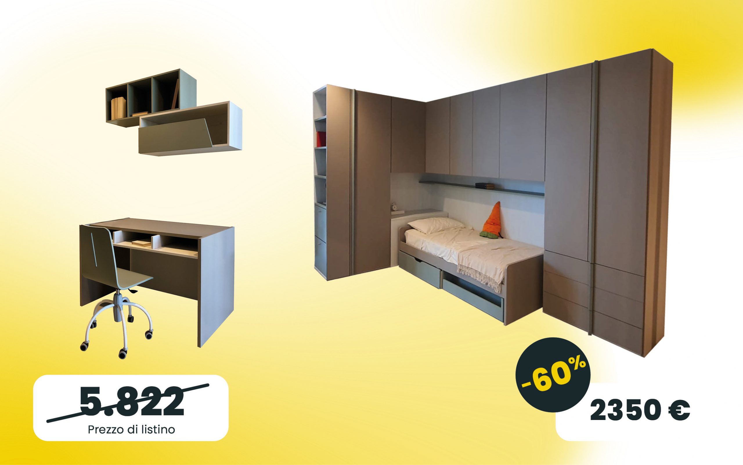 Cameretta a ponte con scrivania e librerie in Visone, Bianco altea, Agave