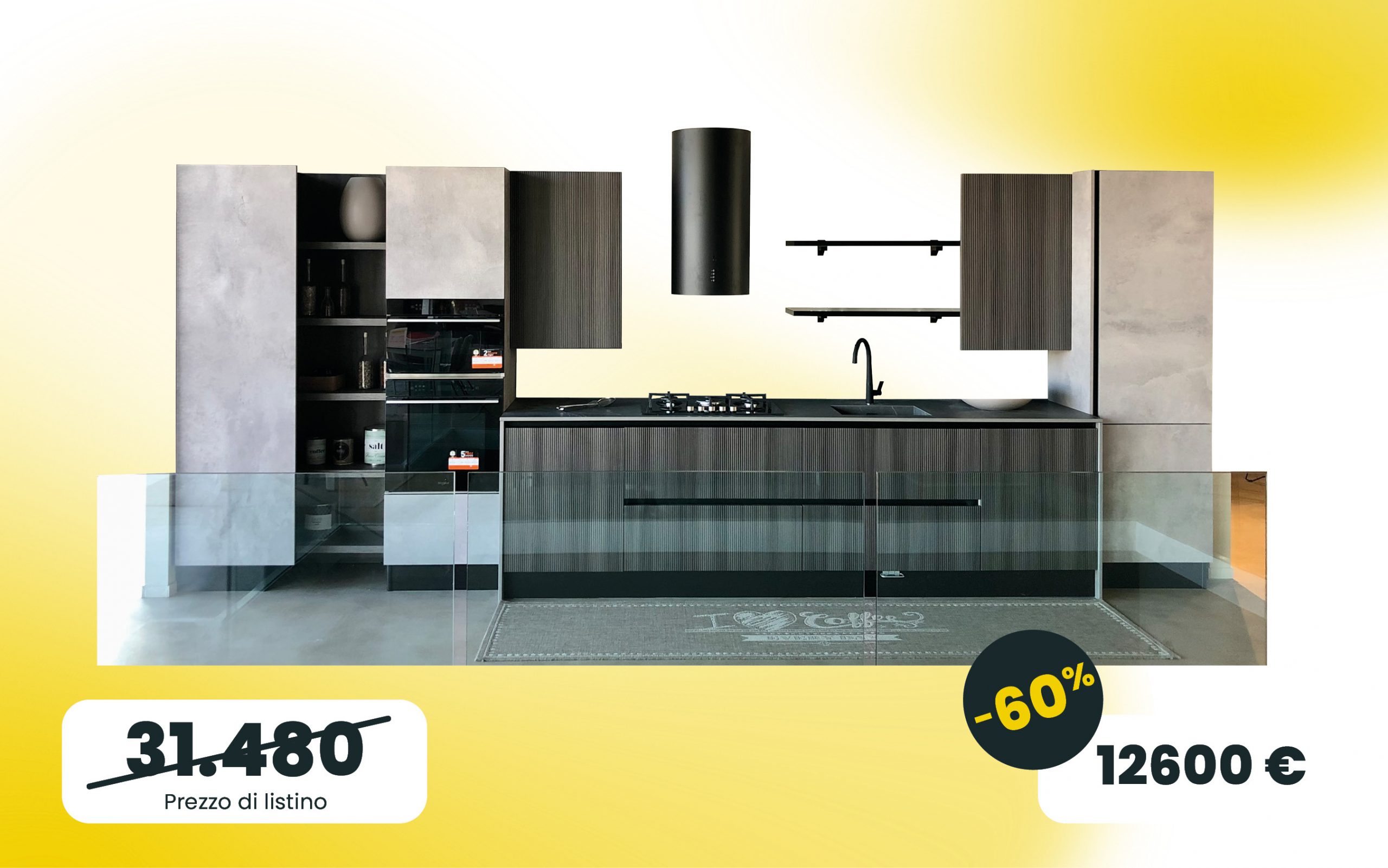 Cucina lineare anta dogata grigia e colonne in materico completa di elettrodomestici